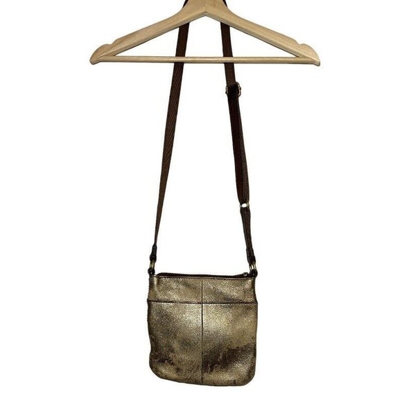 Fossil Explorer Mini Crossbody Purse Shoulder Bag Gold Metallic Leather 8x8 - Picture 5 of 9